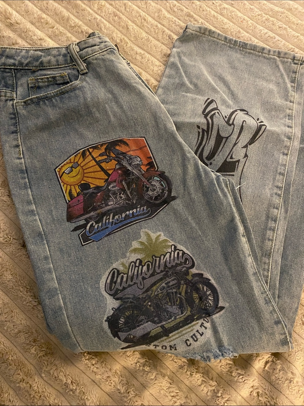 NWOT, Graphic Light Blue Women’s Denim Jeans with California Motorcycle Prints